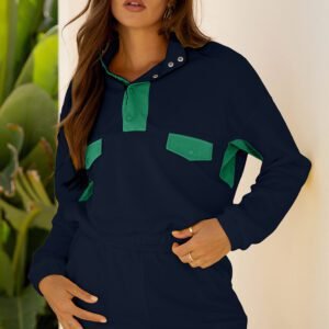 Navy Blue Color Block Patchwork Half Button Pullover And Shorts 2Pcs Outfit