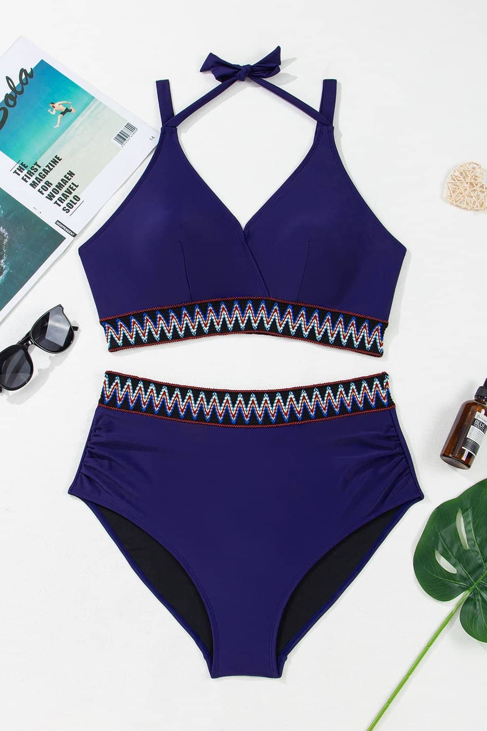 Navy Blue Embroidered Trim Wrap Tie Knot Plus Size High Waisted Bikini