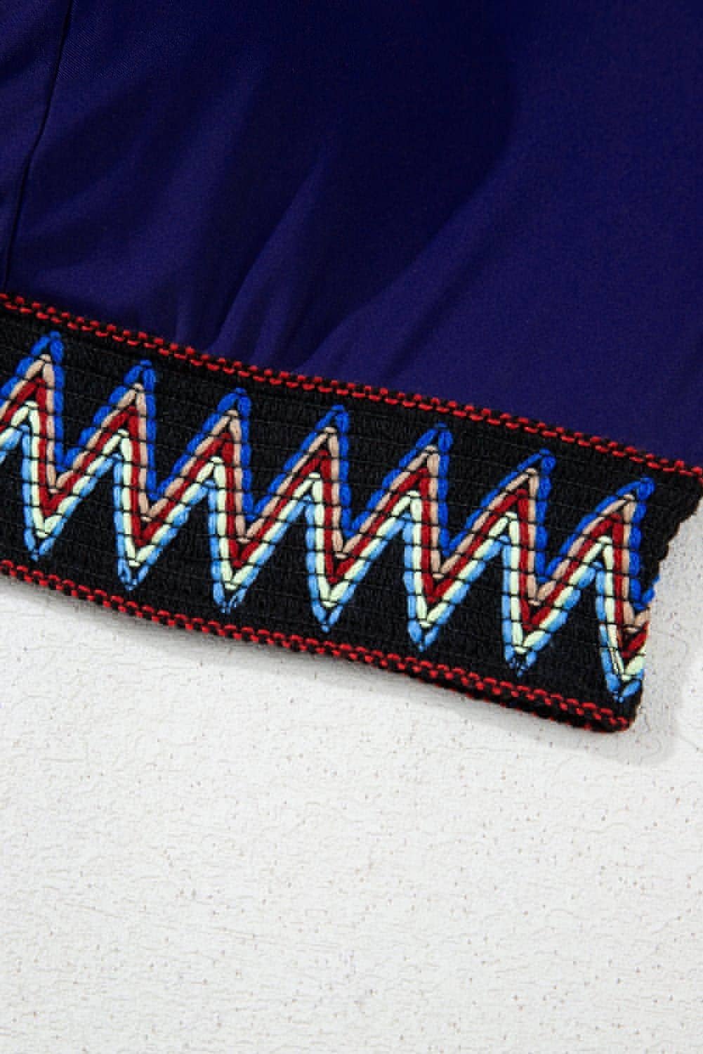 Navy Blue Embroidered Trim Wrap Tie Knot Plus Size High Waisted Bikini