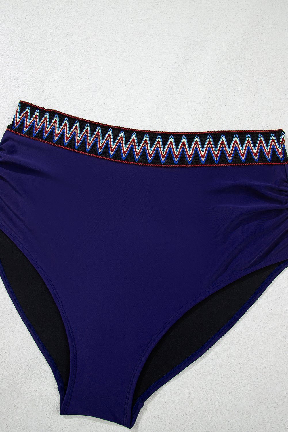 Navy Blue Embroidered Trim Wrap Tie Knot Plus Size High Waisted Bikini