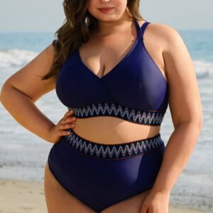 Navy Blue Embroidered Trim Wrap Tie Knot Plus Size High Waisted Bikini