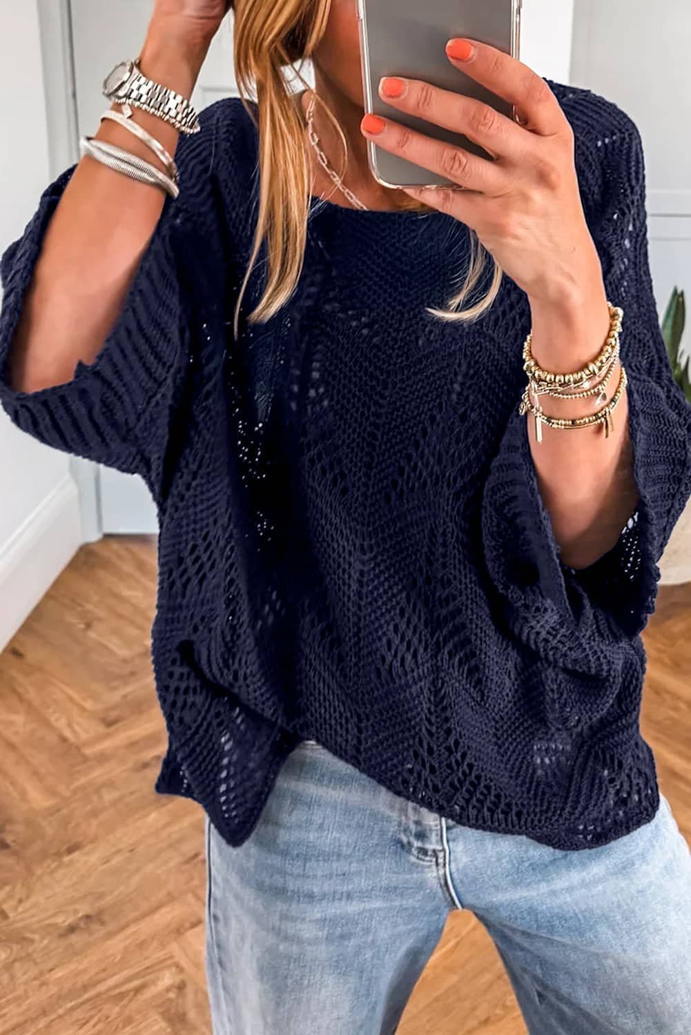Navy Blue Hollow Out Knit 7/8 Sleeve Casual Sweater