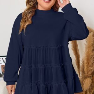 Navy Blue Tiered Ruffle Ribbed Crew Neck Pullover Plus Size Top