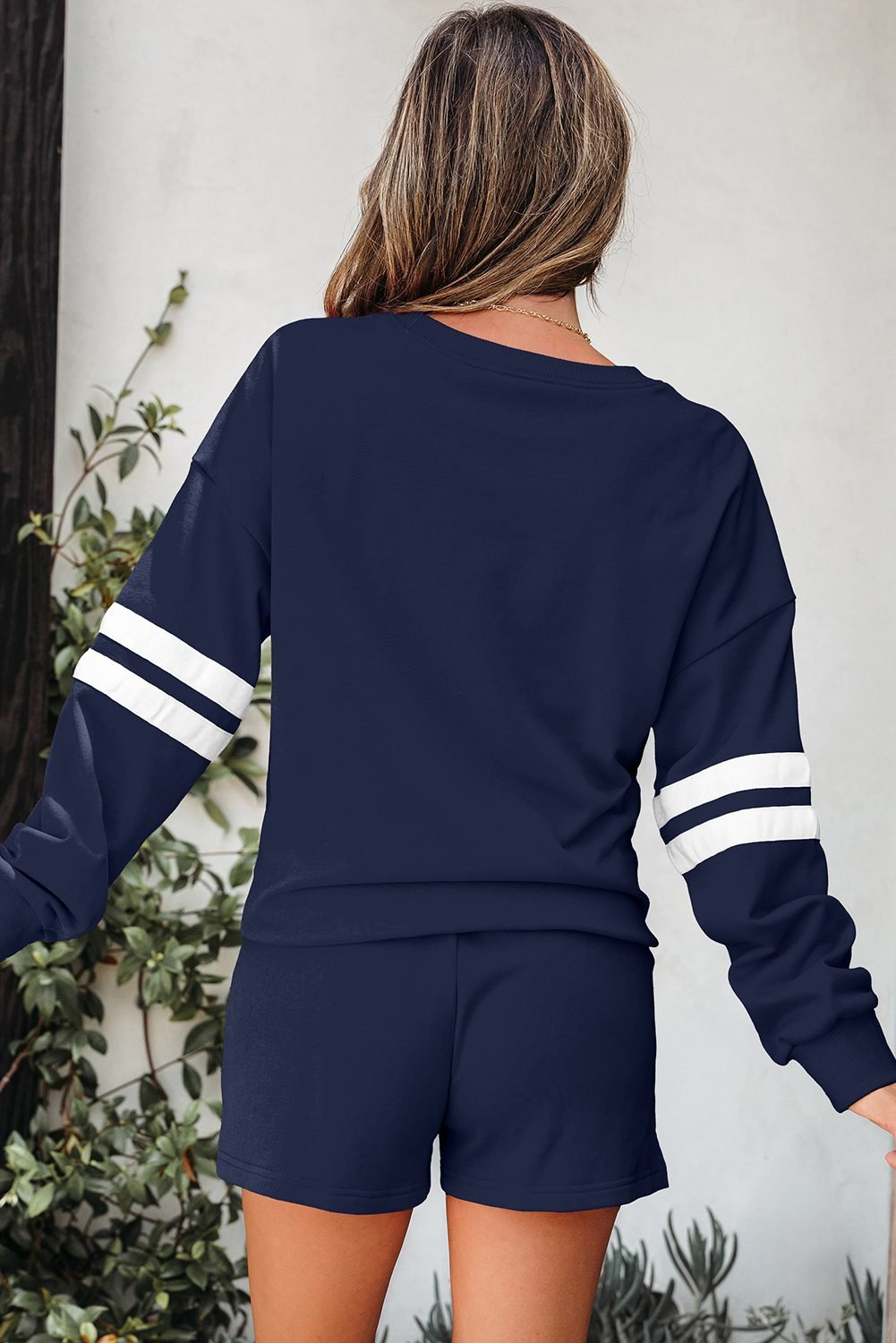 Navy Blue Varsity Striped Sleeve Drop Shoulder Sweatshirt And Short Set