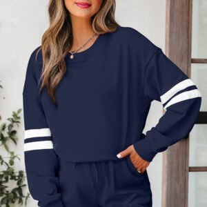 Navy Blue Varsity Striped Sleeve Drop Shoulder Sweatshirt And Short Set