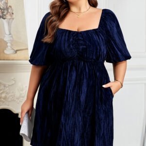 Navy Blue Velvet Ruched Bust Square Neck Short Puff Sleeve Plus Dress
