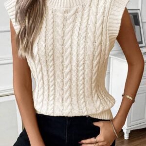 Oatmeal Cable Knit High Neck Sweater Vest