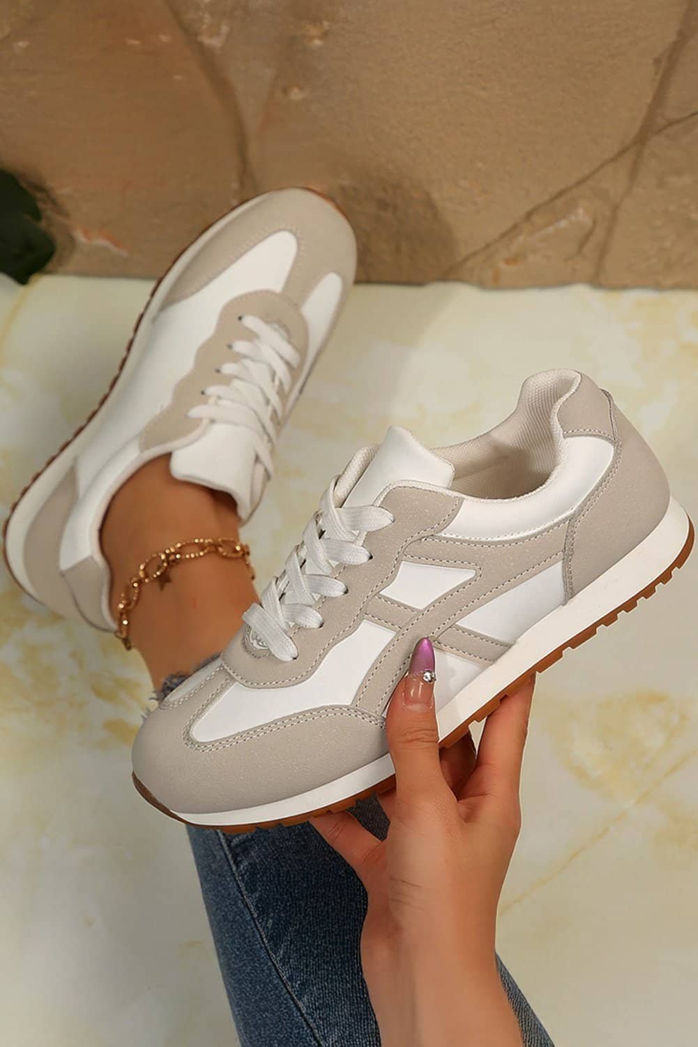 Oatmeal Color Block Lace-Up Pu Leather Sneakers