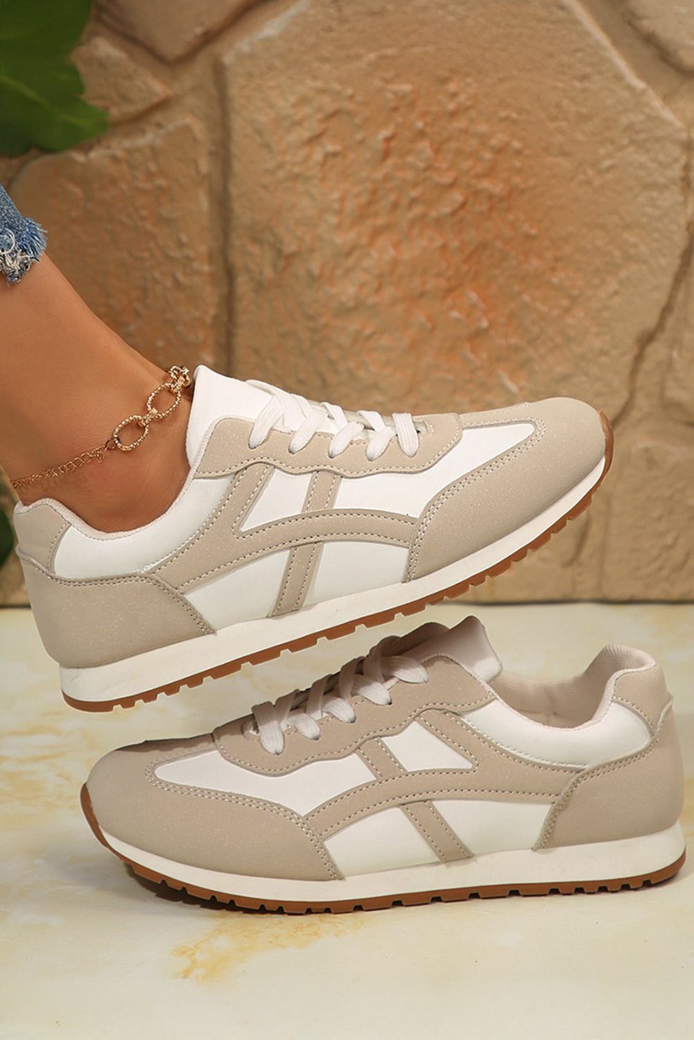 Oatmeal Color Block Lace-Up Pu Leather Sneakers