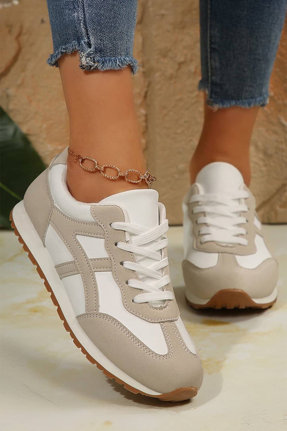 Oatmeal Color Block Lace-Up Pu Leather Sneakers