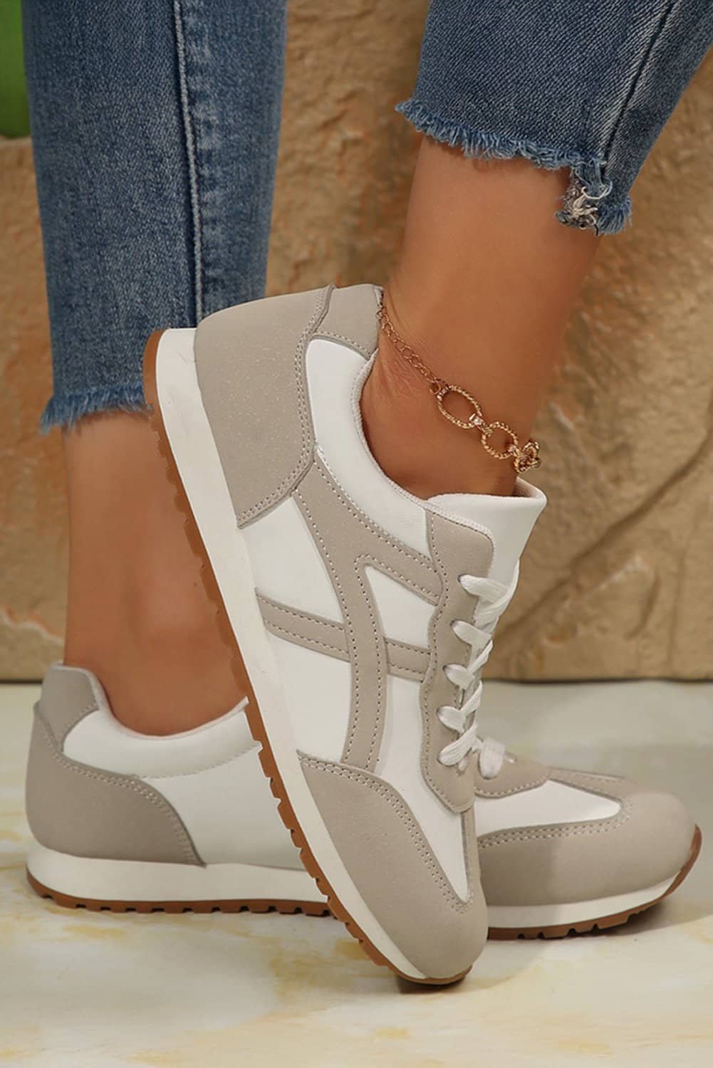 Oatmeal Color Block Lace-Up Pu Leather Sneakers