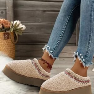 Oatmeal Embroidered Sherpa Plush Thick Sole Snow Boots