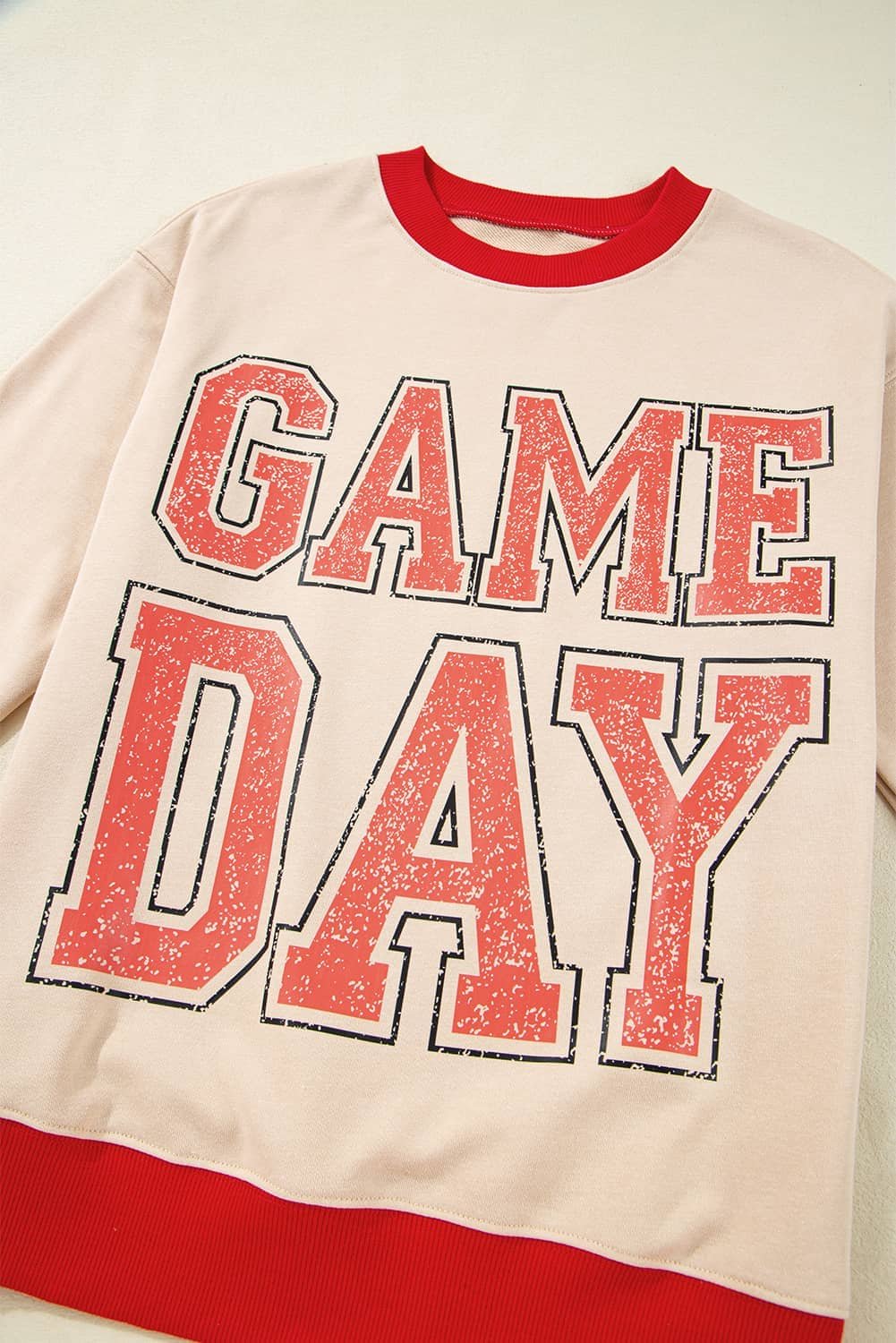 Oatmeal Game Day Letter Graphic Varsity Striped Detail Baggy Sweatshirt