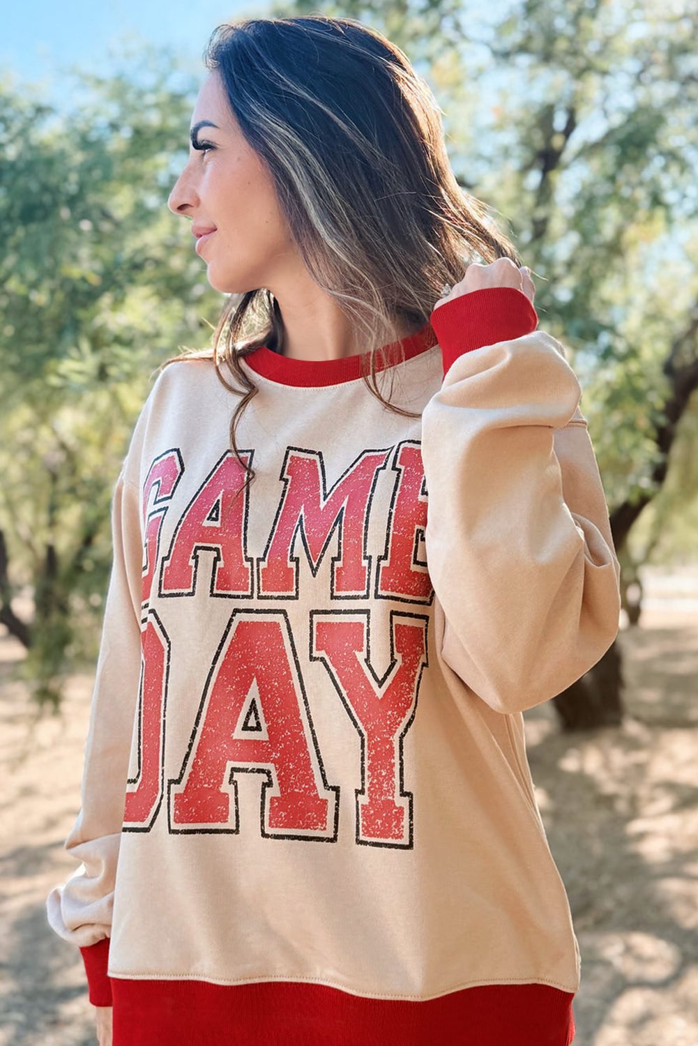 Oatmeal Game Day Letter Graphic Varsity Striped Detail Baggy Sweatshirt
