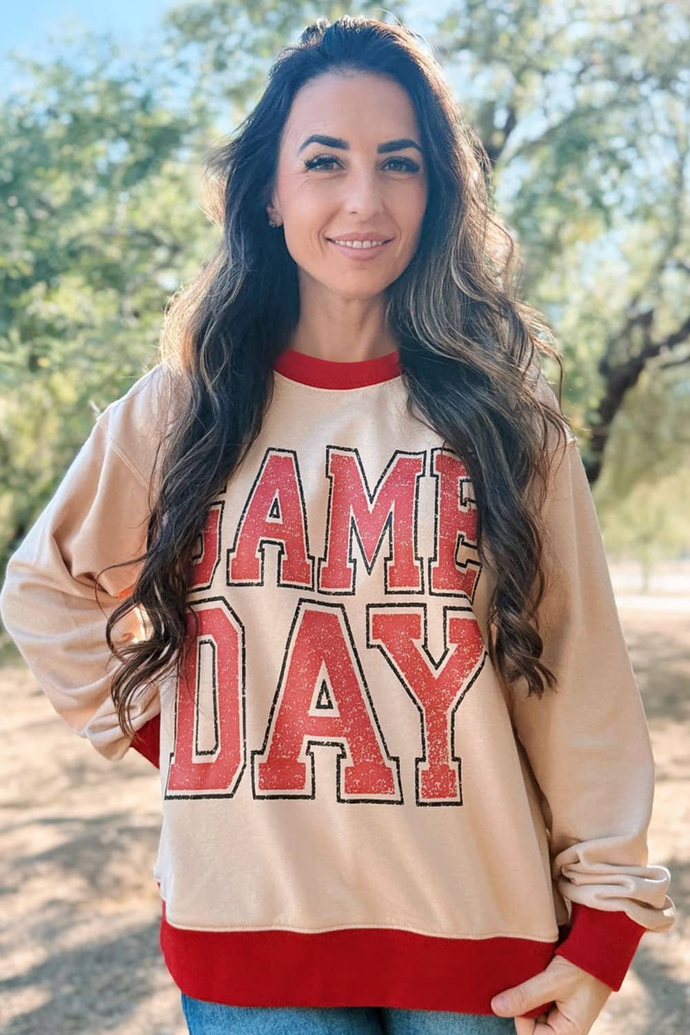 Oatmeal Game Day Letter Graphic Varsity Striped Detail Baggy Sweatshirt