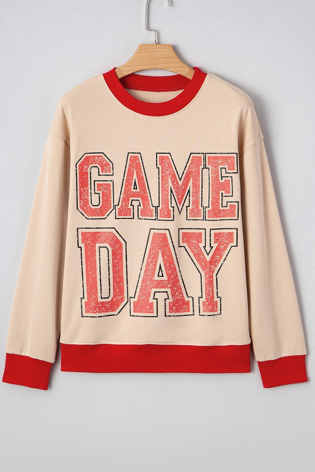 Oatmeal Game Day Letter Graphic Varsity Striped Detail Baggy Sweatshirt