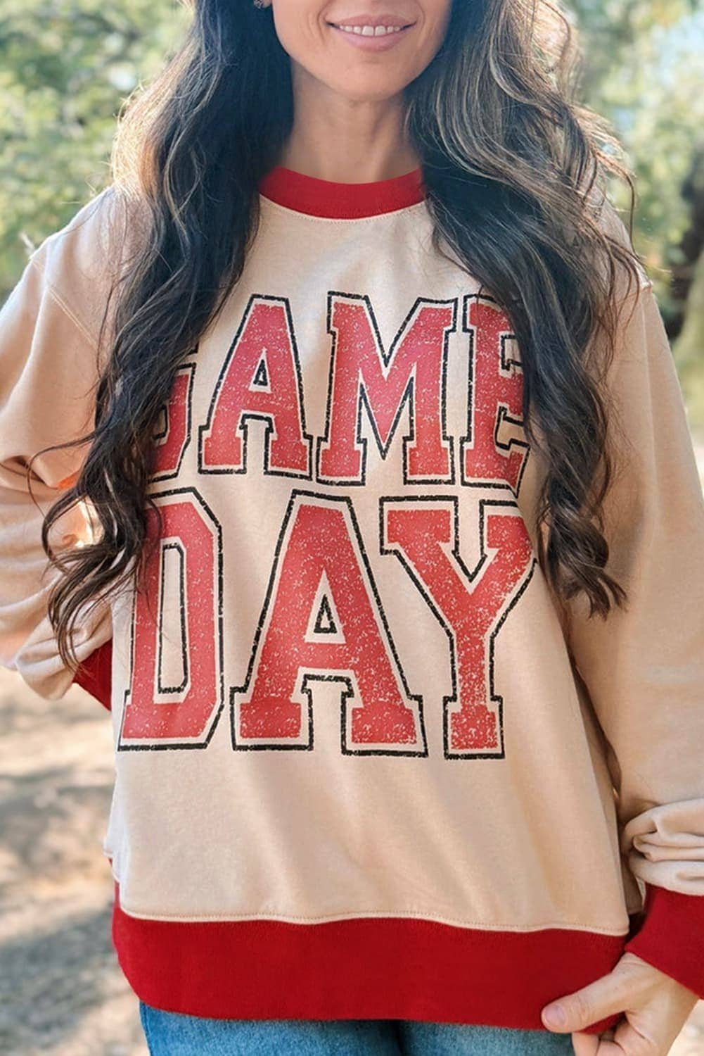 Oatmeal Game Day Letter Graphic Varsity Striped Detail Baggy Sweatshirt