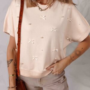 Oatmeal Pearl Bow Embellished Dolman Short Sleeve Sweater