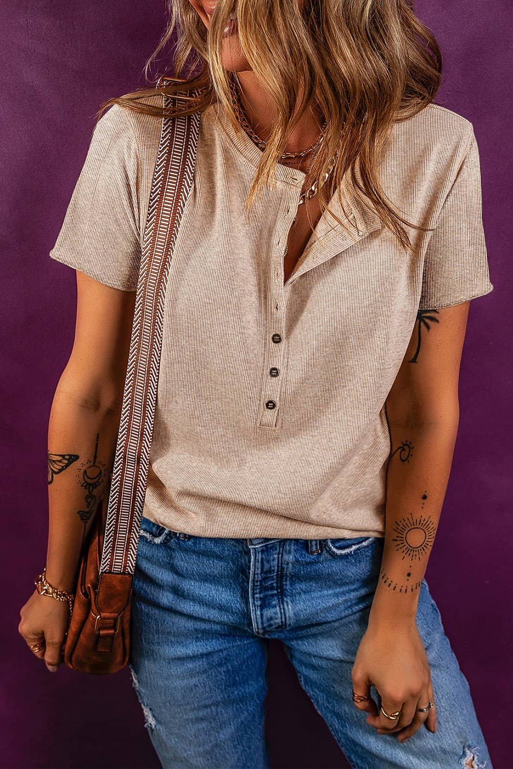 Oatmeal Short Sleeve Half Button Ribbed Knit Top
