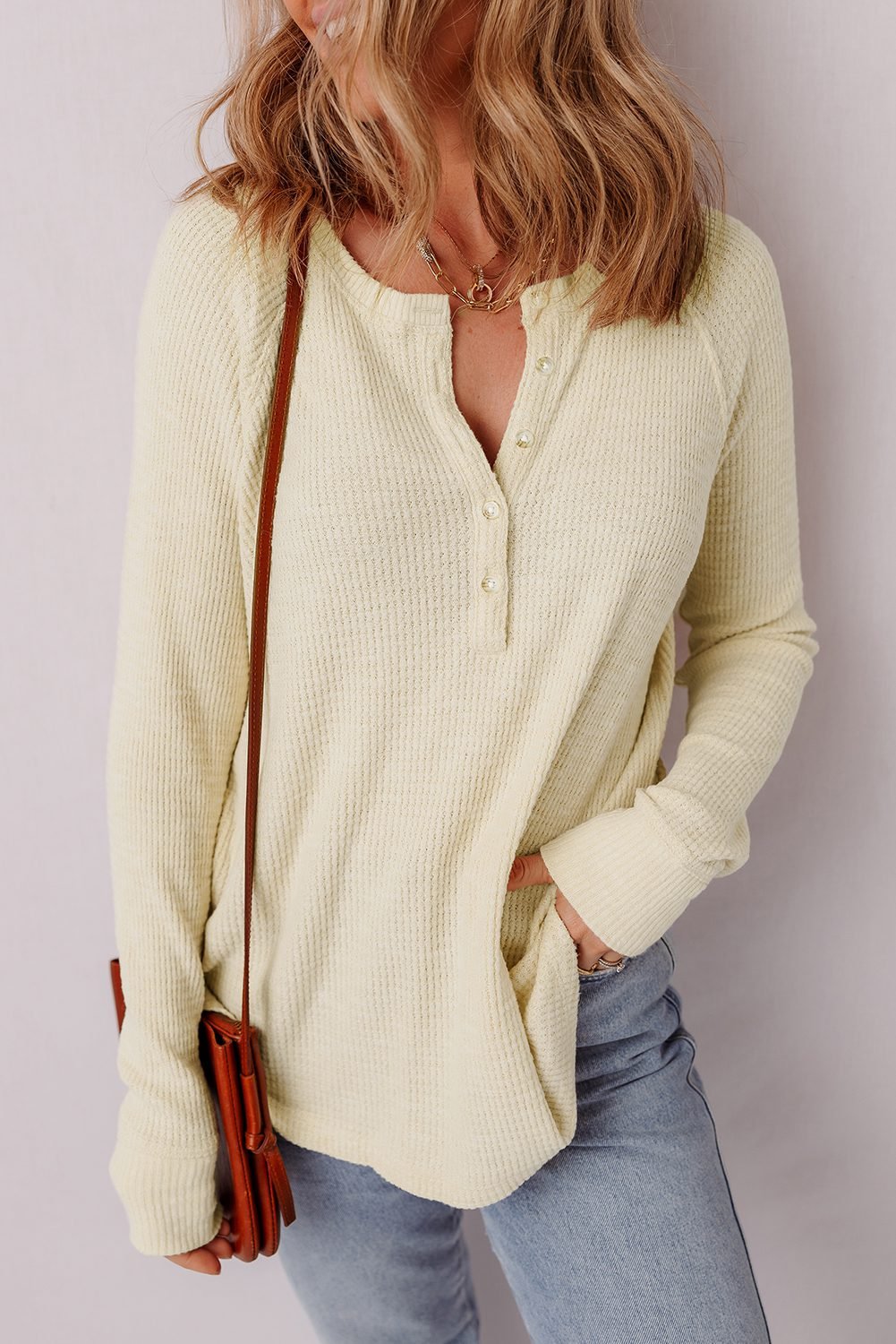 Oatmeal Textured Knit Half Buttons Henley Top