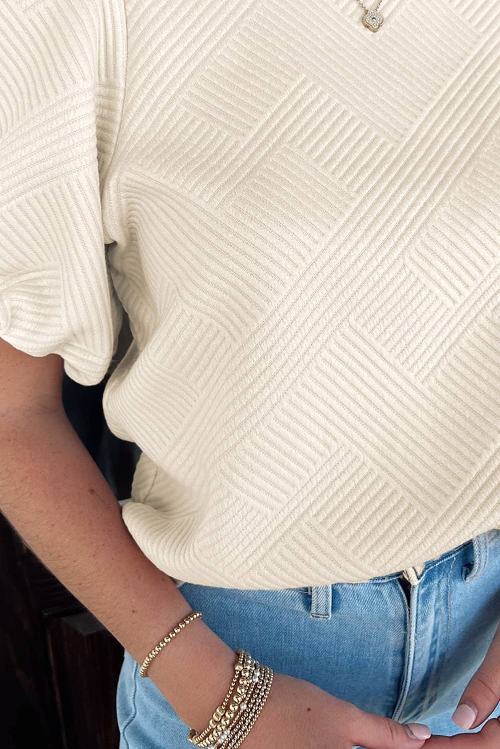 Oatmeal Textured Puff Sleeve T-Shirt