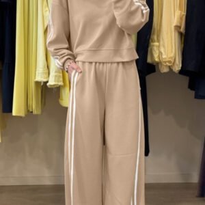 Oatmeal Varsity Striped Detail Crewneck Pullover Elastic Sweatpants 2Pcs Outfit