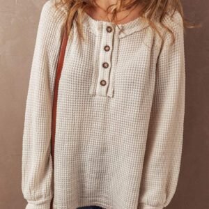 Oatmeal Waffle Knit Buttoned Front Raglan Sleeve Loose Blouse