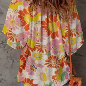 Orange Abstract Print V Neck Half Sleeve Blouse