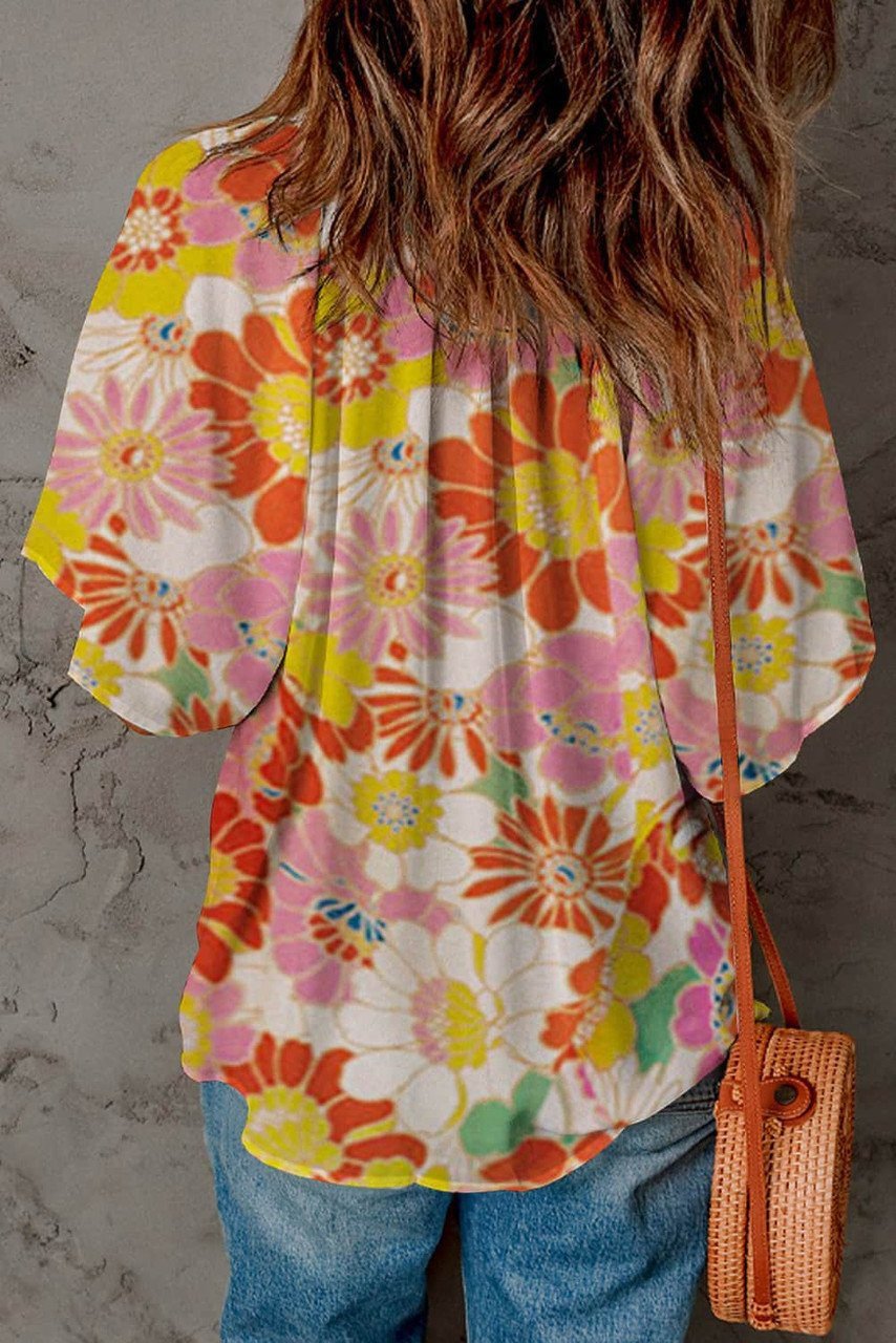 Orange Abstract Print V Neck Half Sleeve Blouse