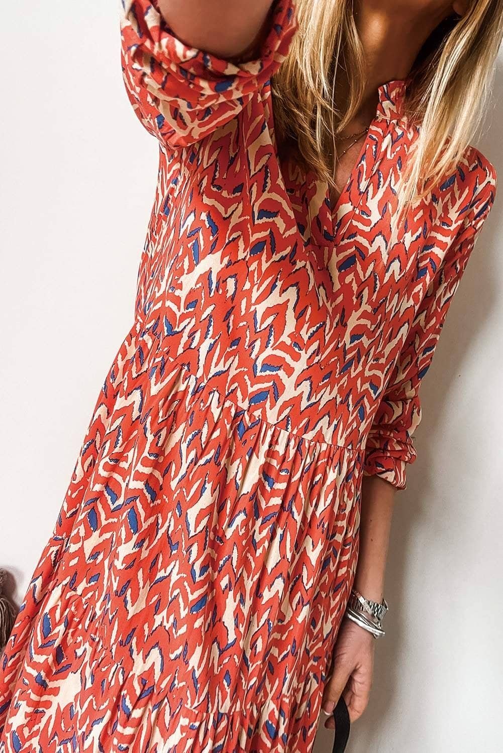 Orange Abstract Print V Neck Pleated High Waist Midi Dress