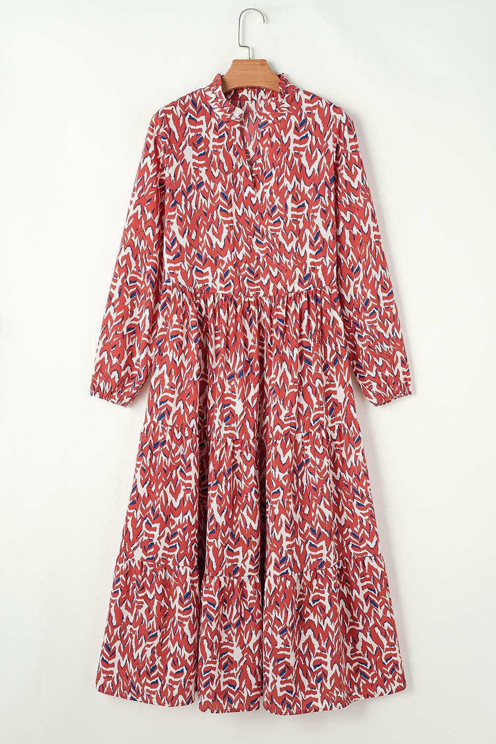 Orange Abstract Print V Neck Pleated High Waist Midi Dress