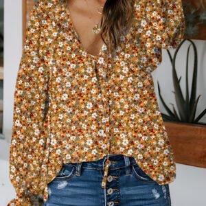 Orange Boho Floral Ruffled Bubble Sleeve V Neck Fall Blouse