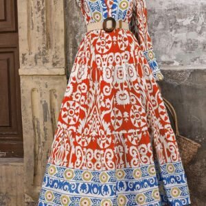 Orange Boho Geometric Printed Long Sleeve Maxi Dress