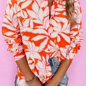 Orange Botanical Print Single Chest Pocket Button Up Shirt