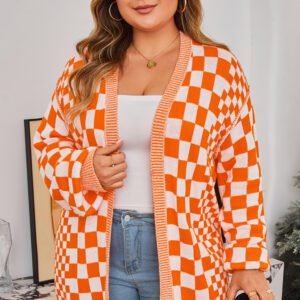 Orange Checkered Bubble Sleeve Drop Shoulder Open Cardigan