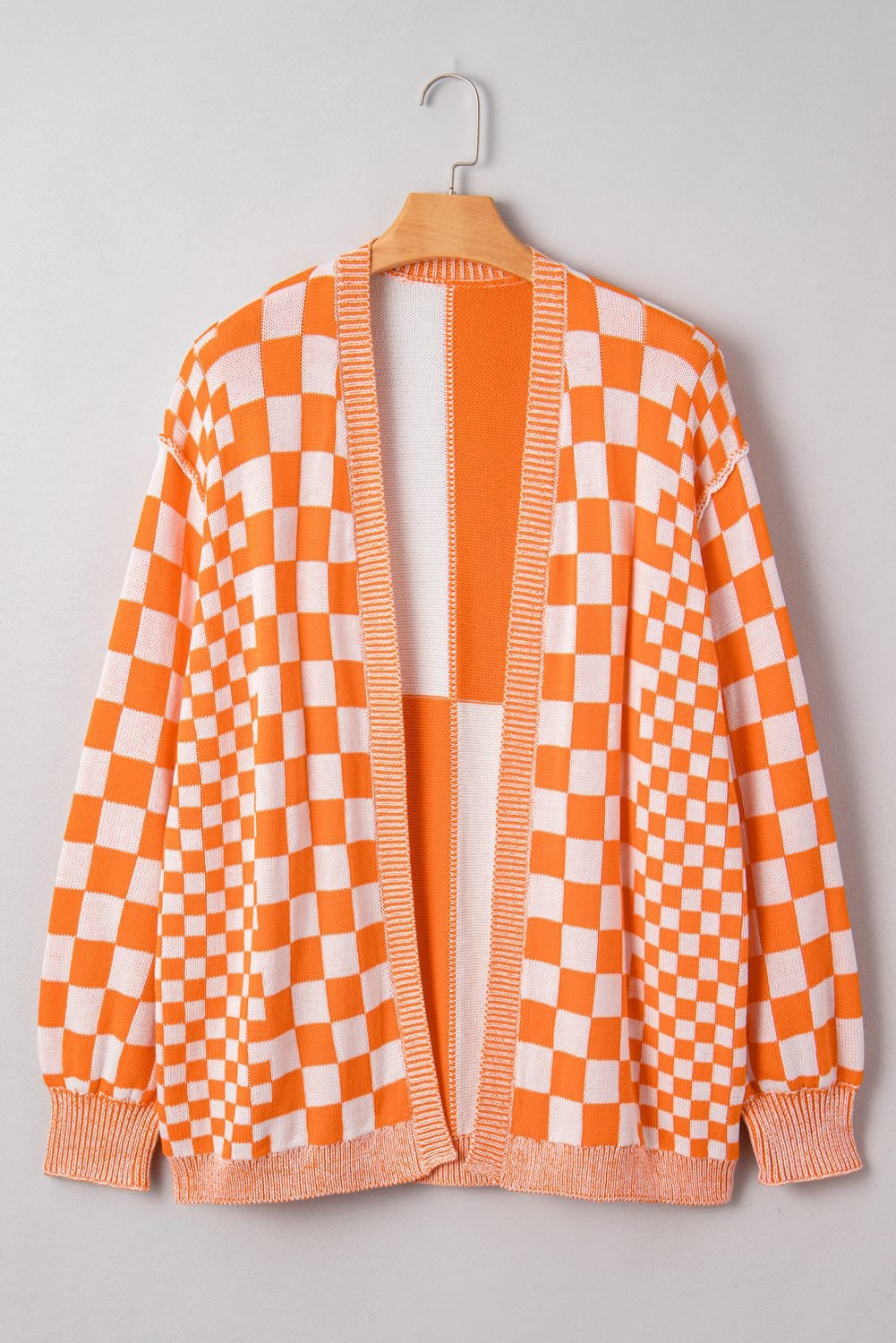 Orange Checkered Bubble Sleeve Drop Shoulder Open Cardigan
