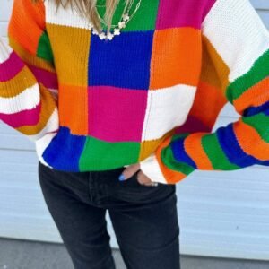 Orange Checkered Color Block Round Neck Loose Sweater