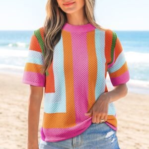Orange Color Block Eyelet Casual Sweater T Shirt