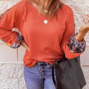 Orange Contrast Eyelet Thermal Knit Top