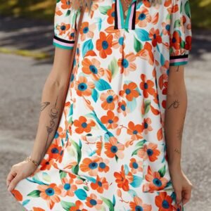 Orange Contrast Trim Floral Split Neck Puff Short Sleeve Tiered Mini Dress
