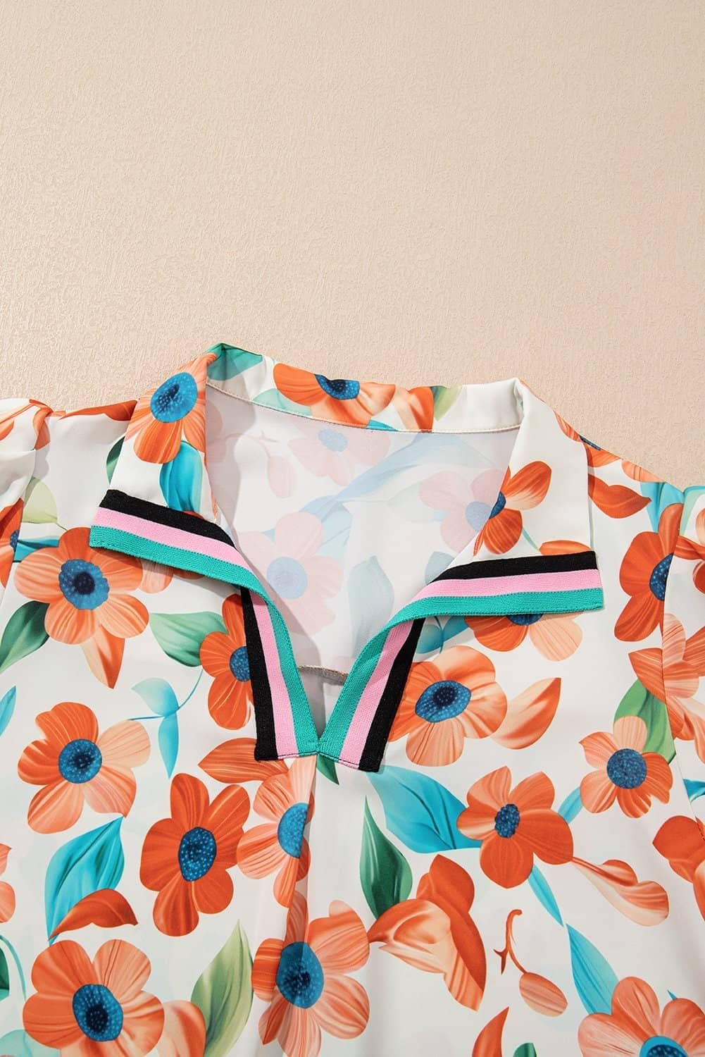 Orange Contrast Trim Floral Split Neck Puff Short Sleeve Tiered Mini Dress