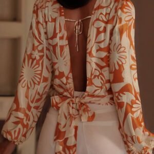 Orange Floral Print Knotted Open Back Long Sleeve Blouse
