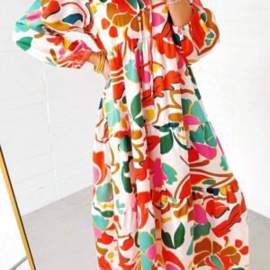 Orange Floral Print Split V Neck Tiered Maxi Dress