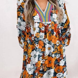 Orange Floral Print Striped Lace V Neck Long Sleeve Mini Dress