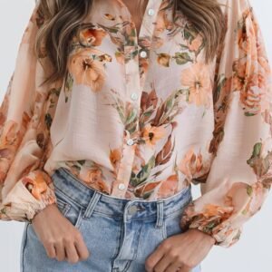 Orange Floral Puff Sleeve Lightweight Shirt
