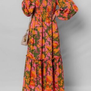 Orange Floral Puff Sleeve Smocked Bodice Ruffled Long Dress