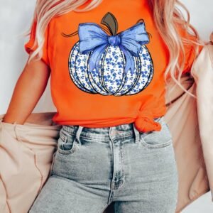 Orange Floral Pumpkin Bow Print Thanksgiving T Shirt