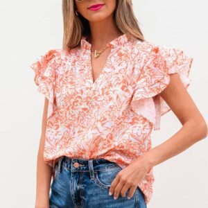 Orange Floral Ruffle Sleeve Split Neck Blouse