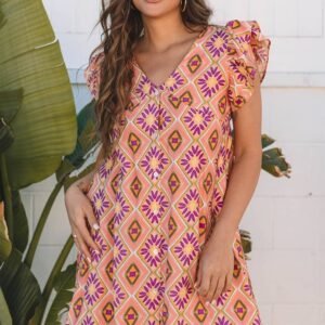 Orange Geometric Floral V Neck Buttoned Ruffled Sleeve Mini Dress