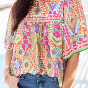Orange Geometric Print Bell Sleeve O Neck Babydoll Blouse